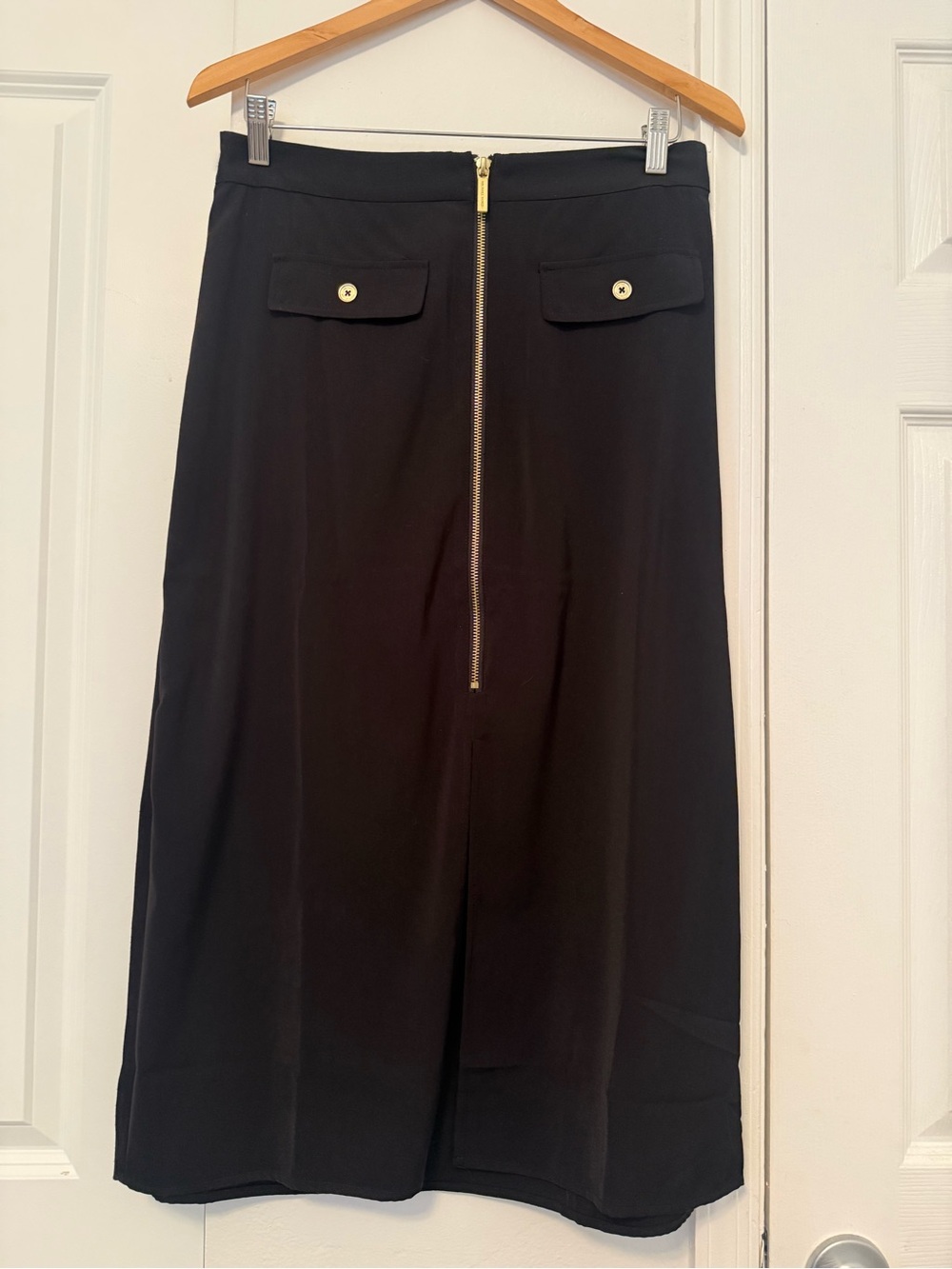 MICHAEL Michael Kors Black Midi Skirt with Gold Logo Button Accents